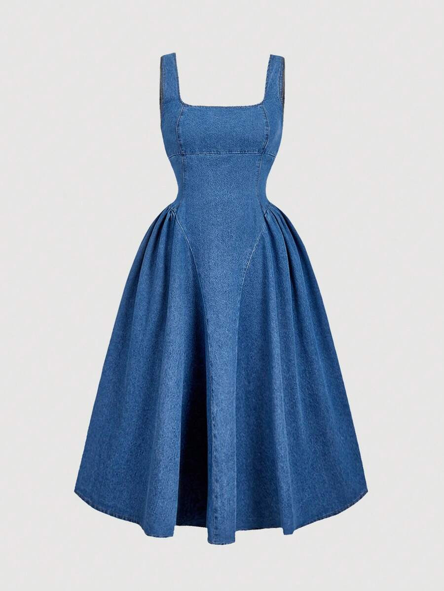 SHEIN MOD Plus Size Women's Square Neck Ruffle Denim Sleeveless Dress | SHEIN
