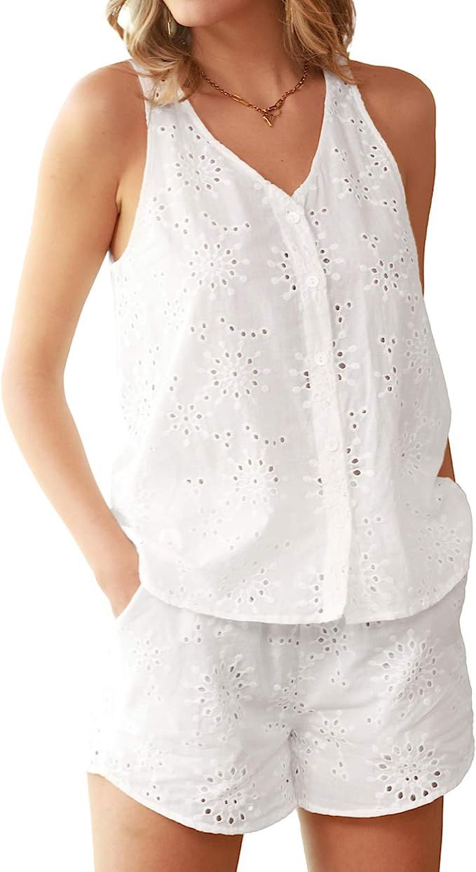 GRACE KARIN Womens Casual 2 Piece Cotton Outfit Short Romper Jumpsuit Button Loungewear Pj Set | Amazon (US)