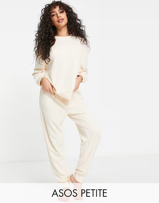 ASOS DESIGN Petite lounge lightweight slubby sweat & sweatpants set in oatmeal | ASOS (Global)