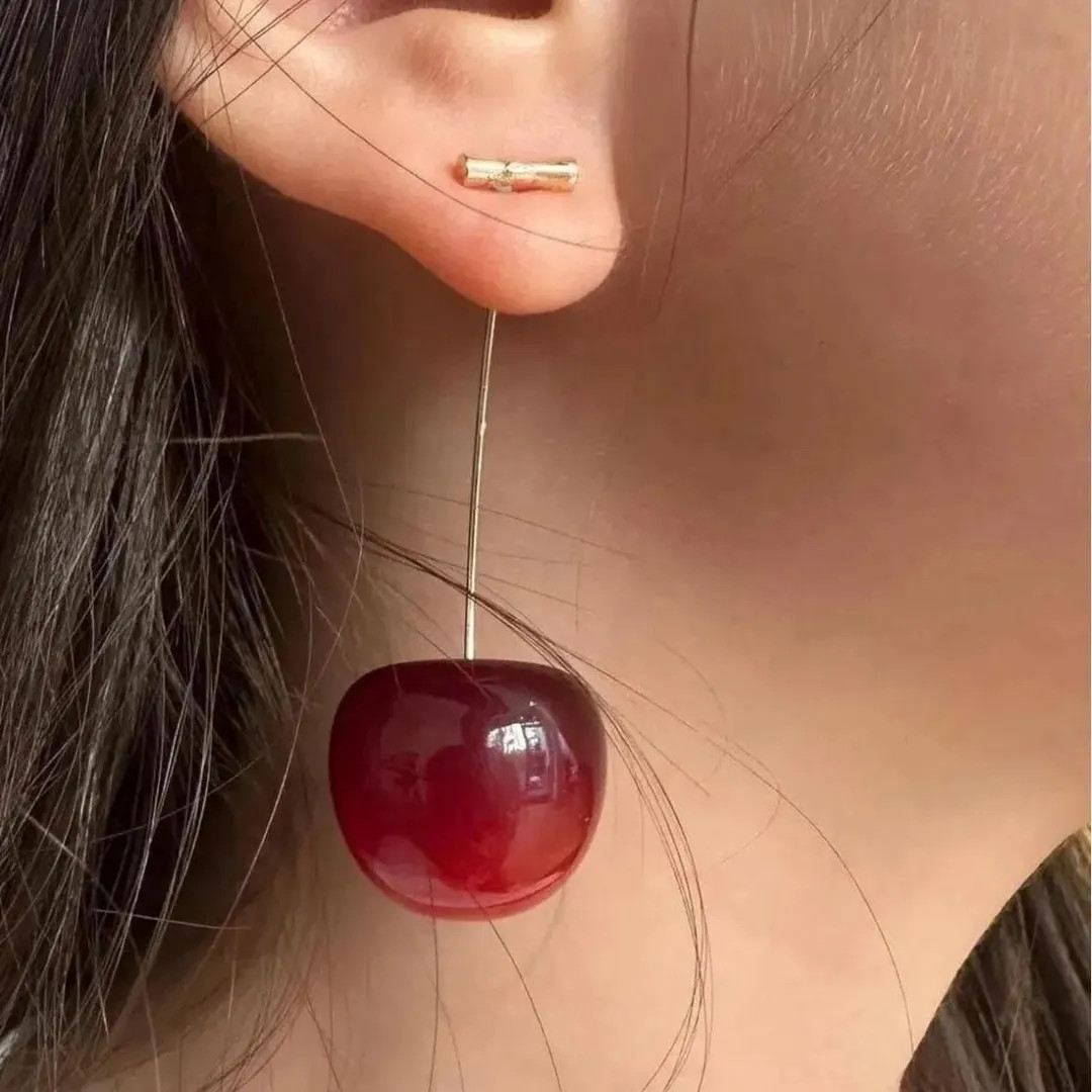 Red Cherry Threader Earrings, Minimal Long Drop Earrings For Her, Modern Statement Jewelry Gift | Etsy (US)