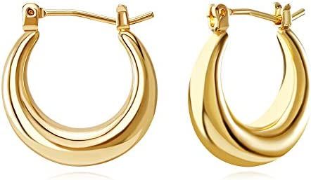 FAMARINE 14K Gold Plated Chunky Small Hoop Earrings, Dainty Minimalist Open Hoops Earrings For Wo... | Amazon (US)