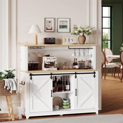 Coffee Bar Cabinet 55", Large Kitchen Hutch with Built-in Power Outlet, Tall Buffet Cabinet with Barn Sliding Door, Wine Glass Rack & Ample Storage | Target