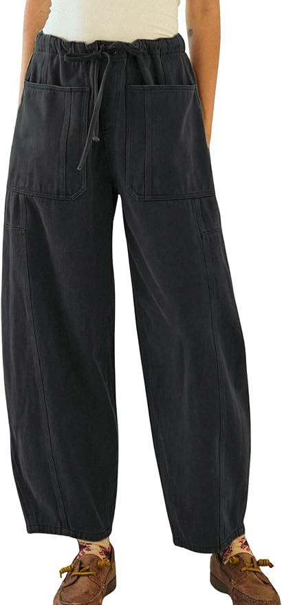 InterNos Women's Trendy Barrel Pants Wide Leg Mid Waisted Trousers Adjustable Drawstring Baggy Pa... | Amazon (US)