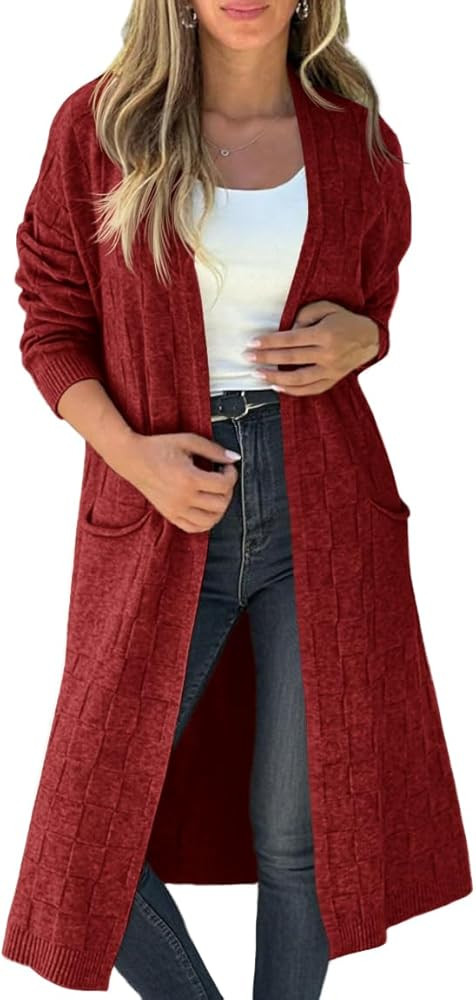 Saodimallsu Womens Long Cardigan Sweaters 2025 Oversized Open Front Checkerked Sweater Trendy Kni... | Amazon (US)