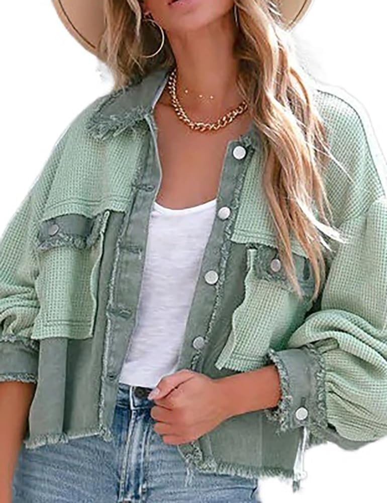 Mywinway Waffle Knit Shacket for Women Fall Winter Buton Down Long Sleeve Crop Fringe with Frayed... | Amazon (US)