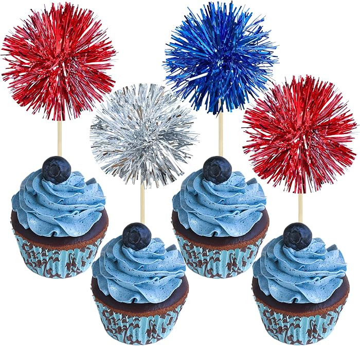 Gyufise 30Pcs Foil Firework Cupcake Toppers Sparkle Tinsel Cake Toppers Tinsel Drink Cake Decoration Cocktail Picks for Birthday Wedding Graduation Party Supplies Silver Dark Blue Red | Amazon (US)