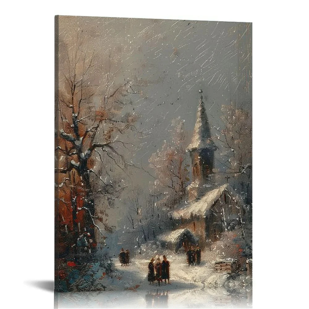 ONETECH  Vintage Christmas Wall Art Decor, Winter Rustic Cottage Snow Landscape Paintings, Framed... | Walmart (US)