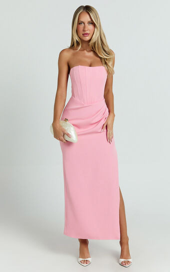 Avery Midi Dress - Strapless Draped Side Split Dress in Pink | Showpo (US, UK & Europe)