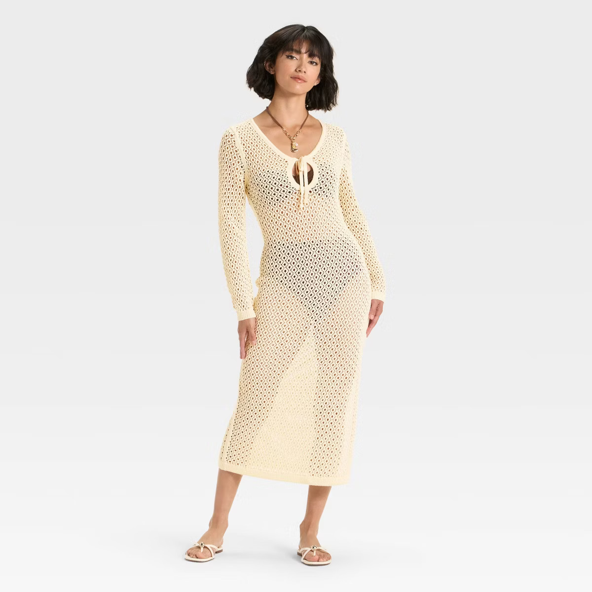 Women's Crochet-Style Long Sleeve Maxi Sweater Dress - A New Day™ Cream | Target