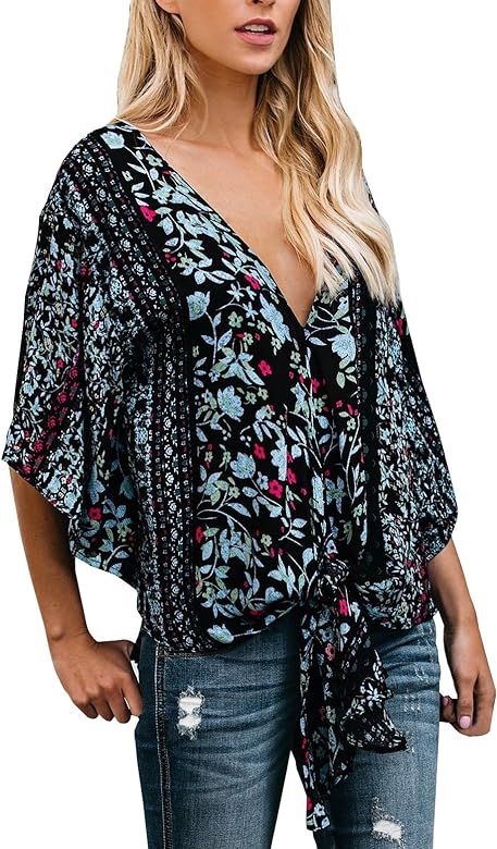 Womens Floral Blouses Summer Short Bat Sleeve Tie Front Tops Loose Fitting Shirts | Amazon (US)