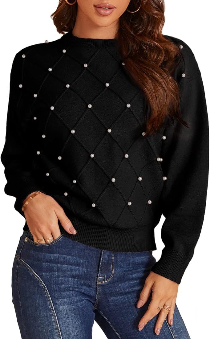 Miessial Women's Crewneck Long Sleeve Pearl Sweater Pullover Fashion Ribbed Knit Sweater Jumper T... | Amazon (US)