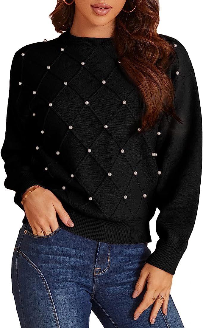 Miessial Women's Crewneck Long Sleeve Pearl Sweater Pullover Fashion Ribbed Knit Sweater Jumper T... | Amazon (US)
