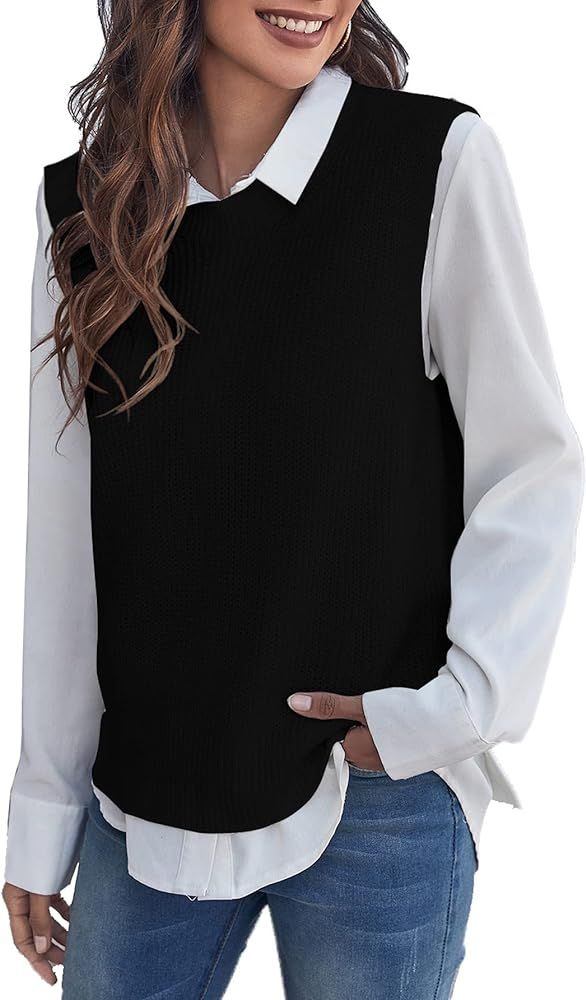 Verdusa Women's Casual Split Round Neck Sleeveless Pullover Top Sweater Vest | Amazon (US)