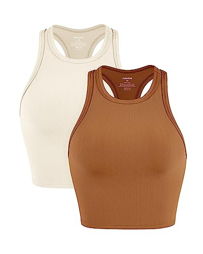 ODODOS Women's Crop 2-Pack Racerback High Neck Ribbed Cropped Tank Tops, Oatmeal+Clay, X-Small | Amazon (US)