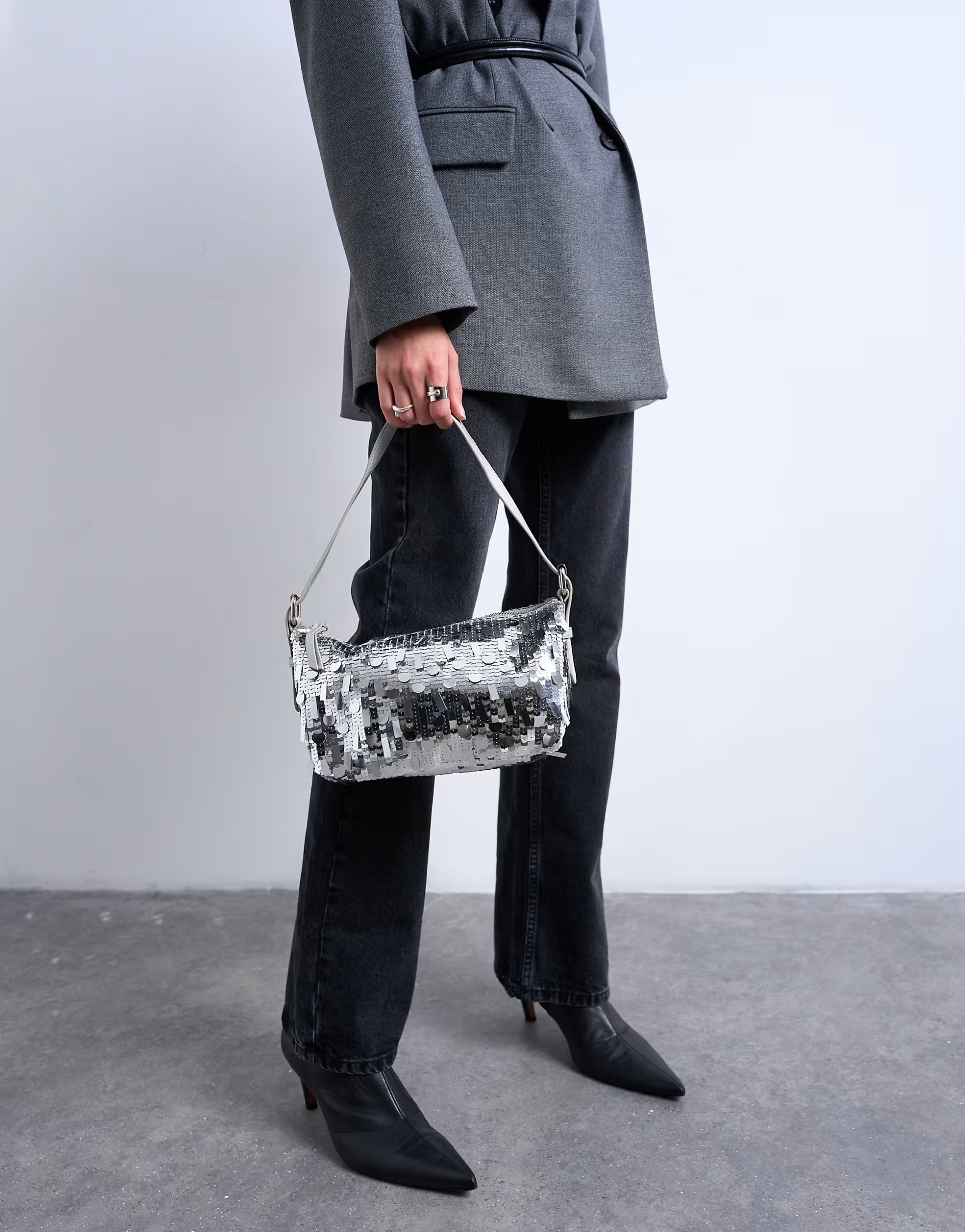 Topshop Sol shoulder sequin bag with leather handle in silver | ASOS (Global)