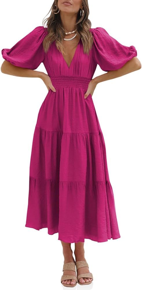 Tankaneo Women's Deep V Neck Puff Half Sleeve Midi Dress Summer Tiered A Line Boho Long Maxi Dres... | Amazon (US)