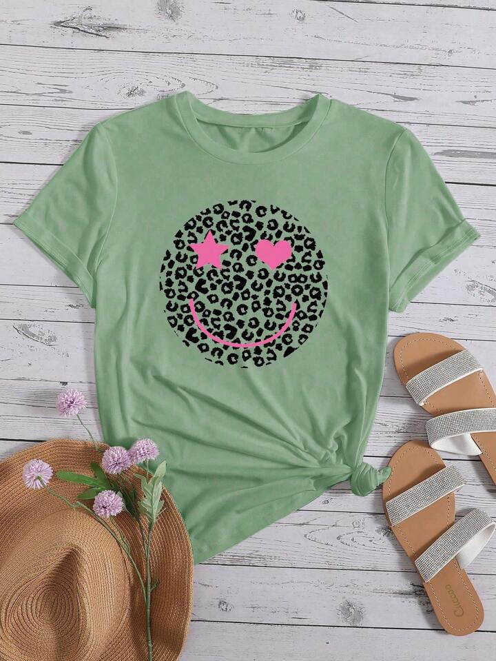 SHEIN LUNE Dames Zomer Casual Cartoon Print T-shirt met ronde hals en korte mouwen | SHEIN