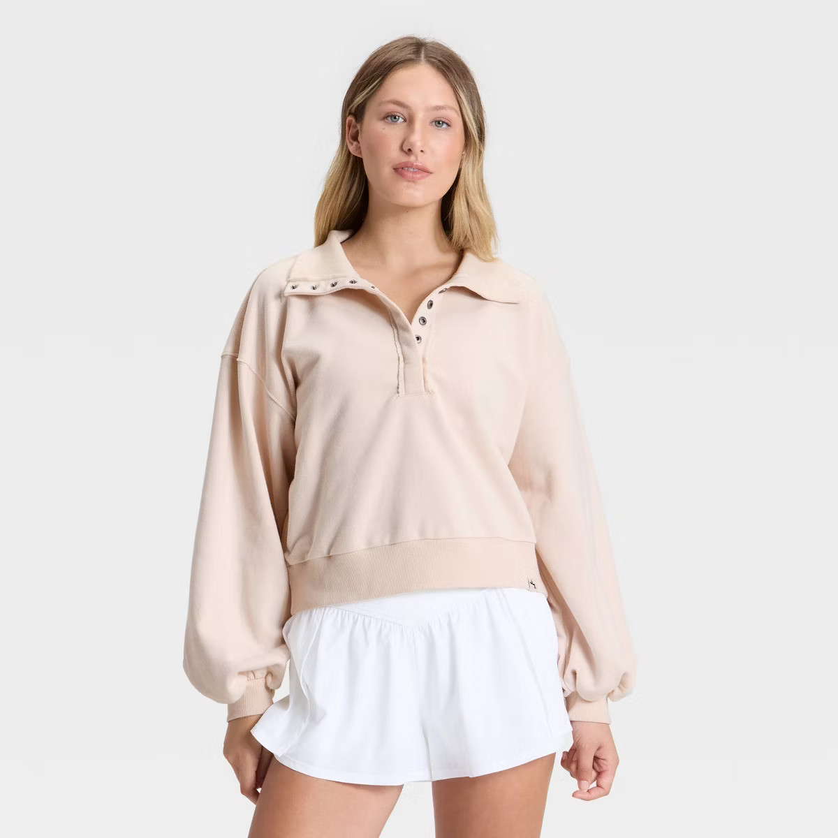 Women's Henley French Terry Sweatshirt - JoyLab™ Heathered Gray XXS | Target