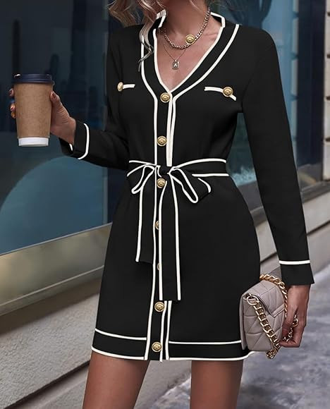 Pink Queen Women's V Neck Long Sleeve Mini Dress Elegant Button Down Open Front Color Block Knit ... | Amazon (US)