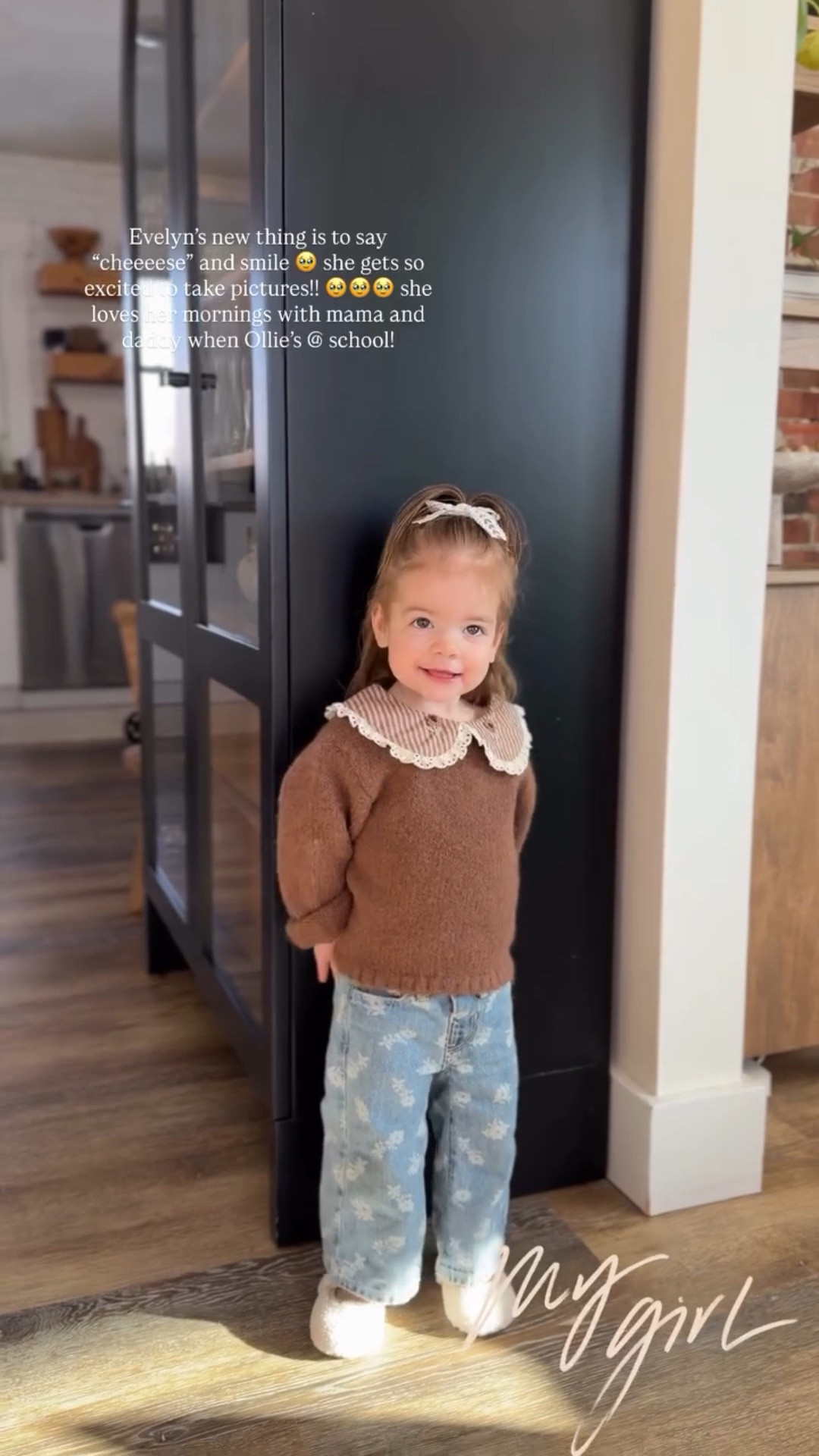 Evelyn’s new thing is to say “cheeeese” and smile 🥹 she gets so excited to take pictures!! 🥹🥹🥹 she loves her mornings with mama and daddy when Ollie’s @ school!