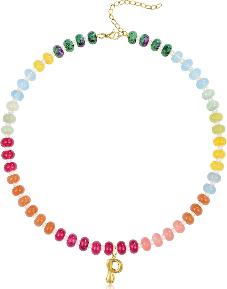 Initial Necklaces for Women, Gold Bubble Letter Pendant Necklace, Beaded Gemstone Choker Necklace... | Amazon (US)