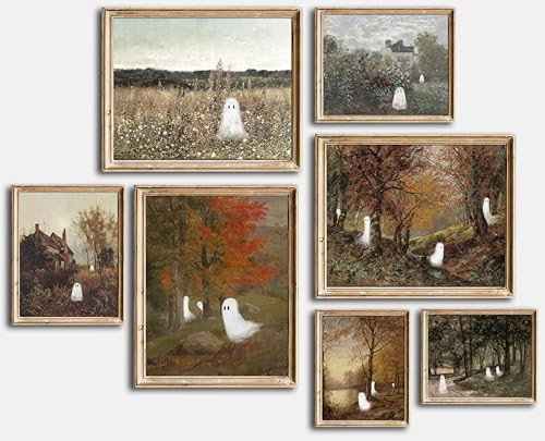 Kizbok Cute Ghosts Decor, Vintage Halloween Posters Ghost in Autumn Landscape Wall Decor Painting, Farmhouse Halloween Wall Art Prints for Bedroom, Moody Spooky Gothic Home Decor Dark Academia Aesthetic Picture for Gallery, Living Room, Bathroom halloween Wall Decor - Unframed | Amazon (US)