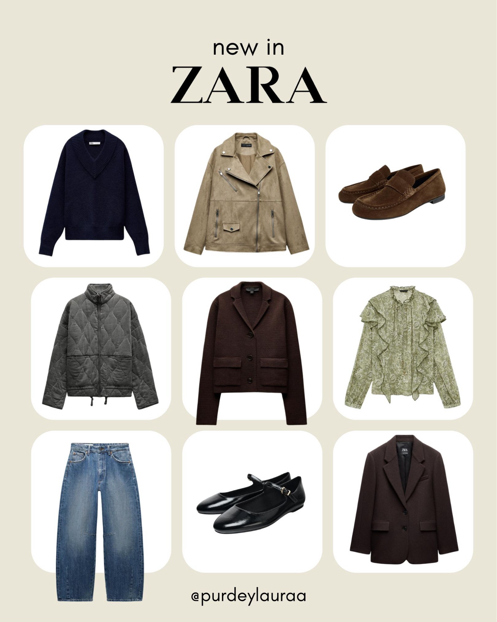Favourites from Zara NEW IN section 

Faux suede biker jacket, leather penny loafers, brown knit cardigan, brown blazer, green blouse, spring style, transitional style, ballerina shoes, wool blazer, balloon jeans

#LTKstyletip #LTKuk