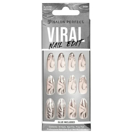 Salon Perfect Artificial Fake Press On Nails, 355 Viral Nail Edit, Silver Chrome Swirl, Medium Almond, File, Glue, and Prep Pad Included, 30 Nails | Walmart (US)