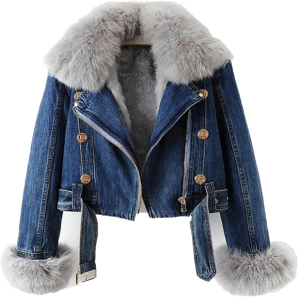Faux Fur Coat Women Winter Denim Jacket Thickened Rabbit Fur Lined Jean Jackets Shaggy Removable ... | Amazon (US)