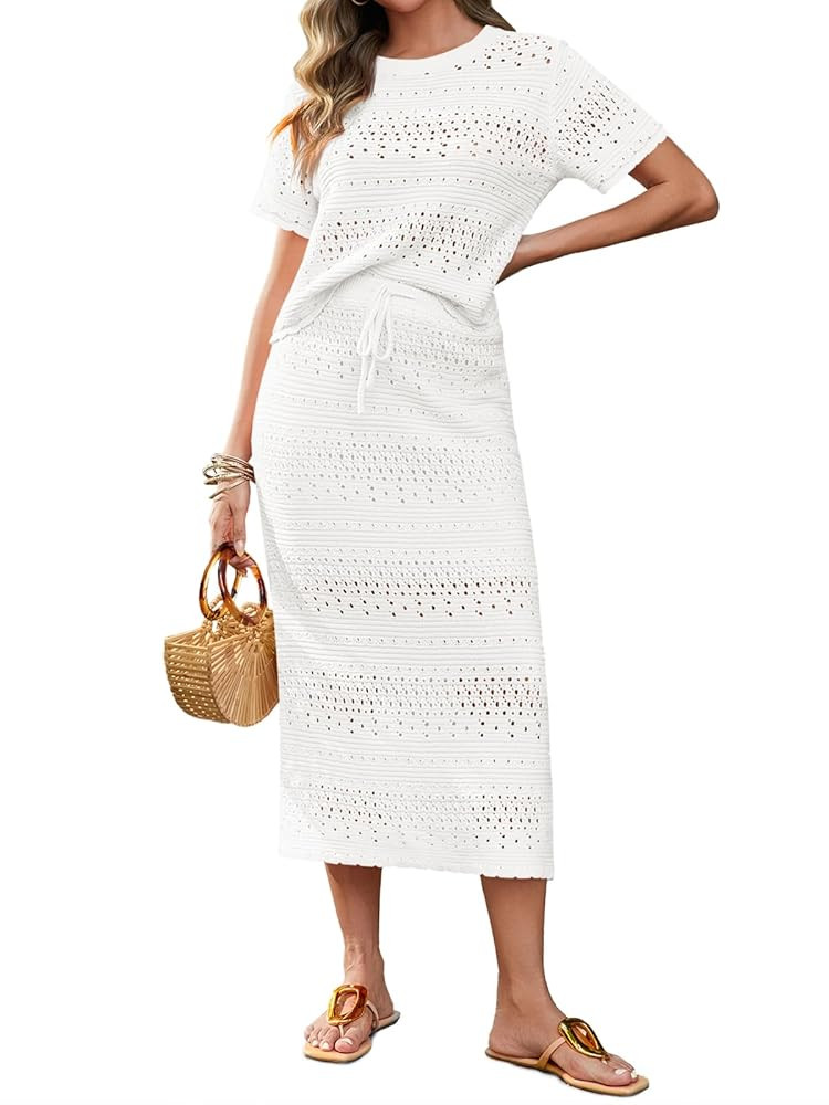 Tankaneo Womens Crochet Cover Up 2 Piece Skirt Sets Short Sleeve Knit Top Midi Skirt Vacation Tra... | Amazon (US)