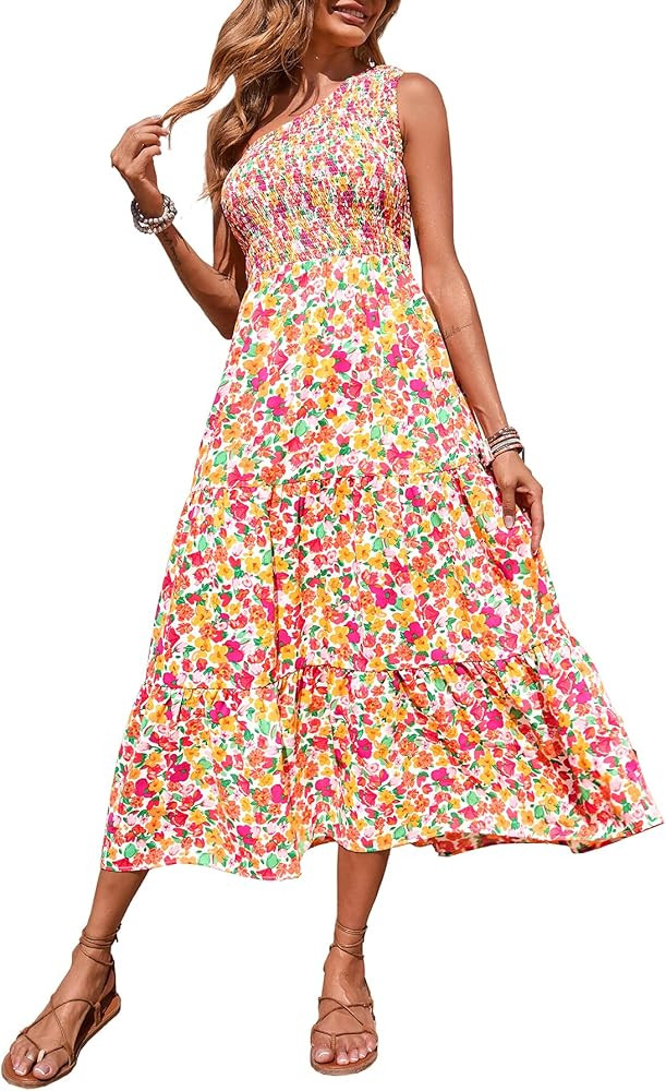 BTFBM Women One Shoulder Summer Dresses 2024 Sleeveless Casual High Waist Floral Flowy Beach Boho... | Amazon (US)