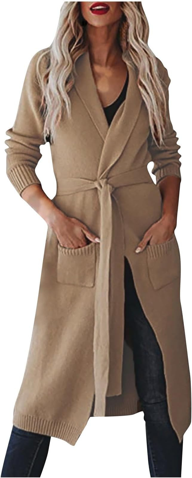 HGps8w Women's Belted Cardigan Sweaters, Solid Color Casual Long Sleeve Lapel Open Front Knitted ... | Amazon (US)