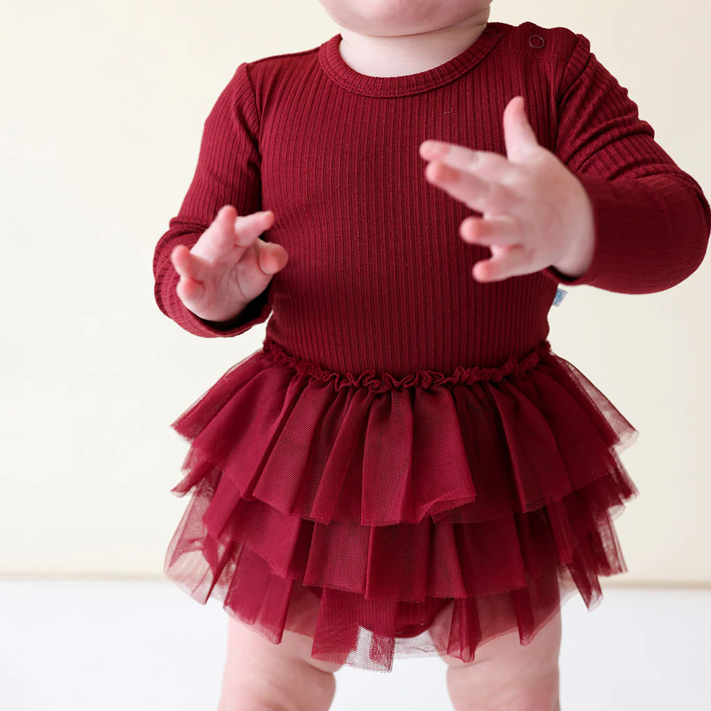 Ribbed Solids Red Girl Tulle Onesie | Dark Cherry Ribbed | Posh Peanut