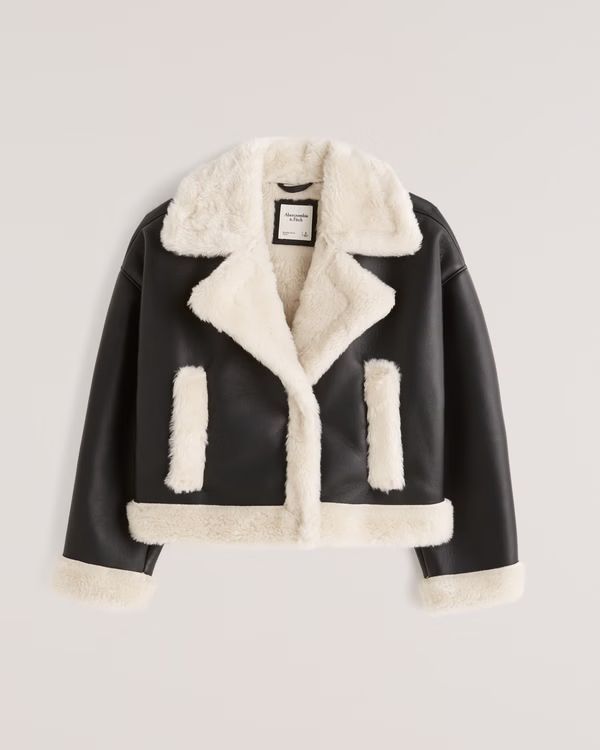 Oversized Short Sherpa-Lined Vegan Leather Coat | Abercrombie & Fitch (US)