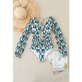 Mesh Sleeve Cut-Out Halter Swimsuit in Green Triangle | Chicwish
