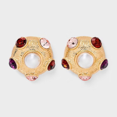 Pearl and Multi-Stone Button Earrings - A New Day™ Gold/Red/Purple | Target