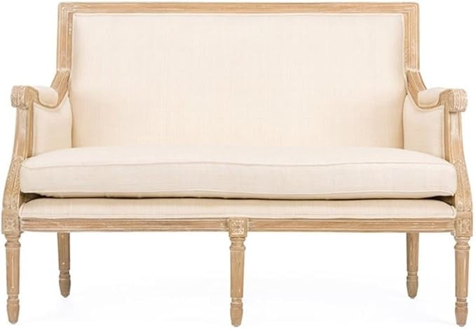 Pemberly Row Contemporary Loveseat, Light Beige Cotton Upholstery, Mindi Wood Frame, Distressed N... | Amazon (US)