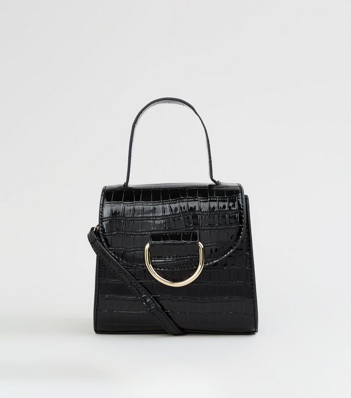 Black Faux Croc Ring Front Hand Bag | New Look (UK)