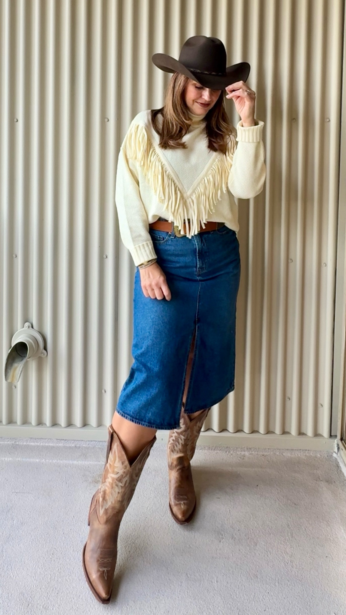 Fringe sweater: large *available in a variety of colors! 
Denim skirt: 12
Boots: TTS (for wide calves)

#LTKMidsize #LTKSeasonal #LTKStyleTip