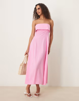 ASOS DESIGN fold over bandeau midi dress in pink | ASOS (Global)