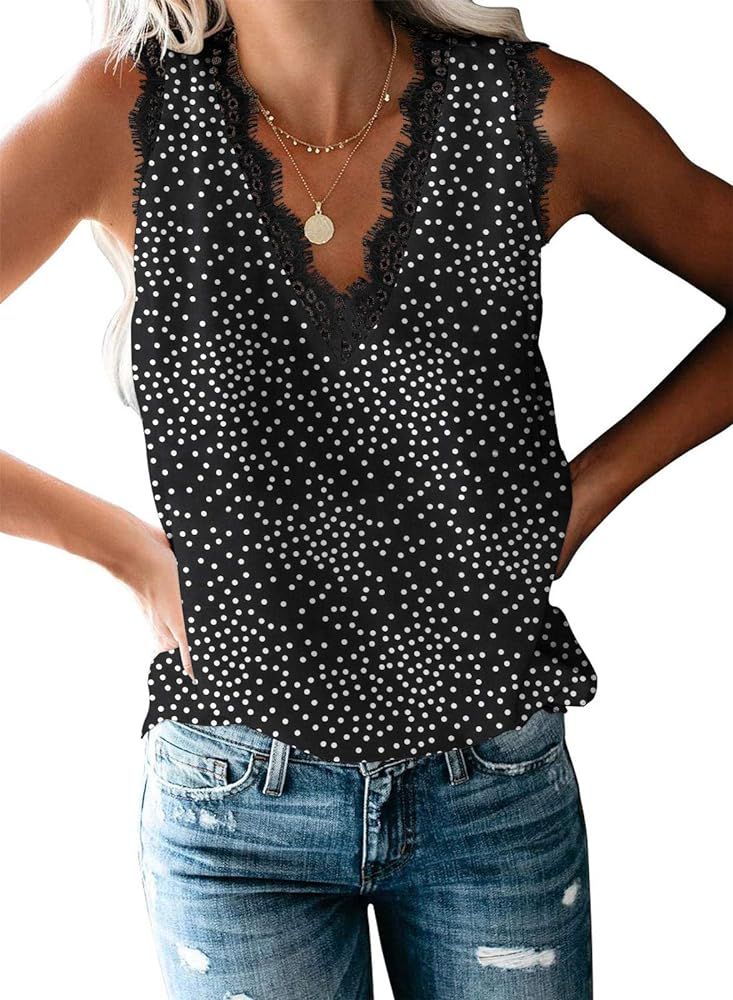 VIISHOW Women's V Neck Lace Trim Casual Tank Tops Sleeveless Floral Printed Chiffon Blouses Shirt... | Amazon (US)