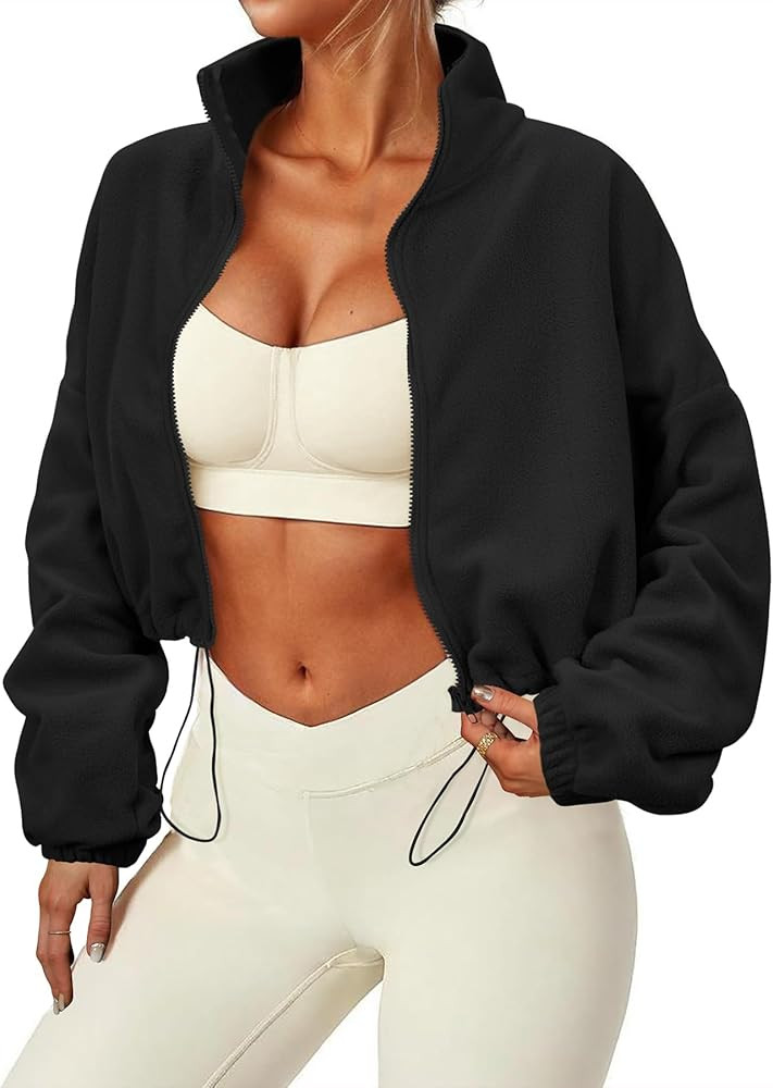 Zando Women's Fleece Jacket Full Zip Cropped Jackets Oversize Long Sleeve Workout Fuzzy Sherpa Ja... | Amazon (US)