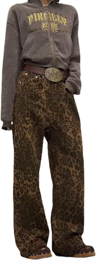 Leopard Jeans Leopard Print Jeans Baggy Jeans Grunge Pants Streetwear Straight Leg Pants | Amazon (US)