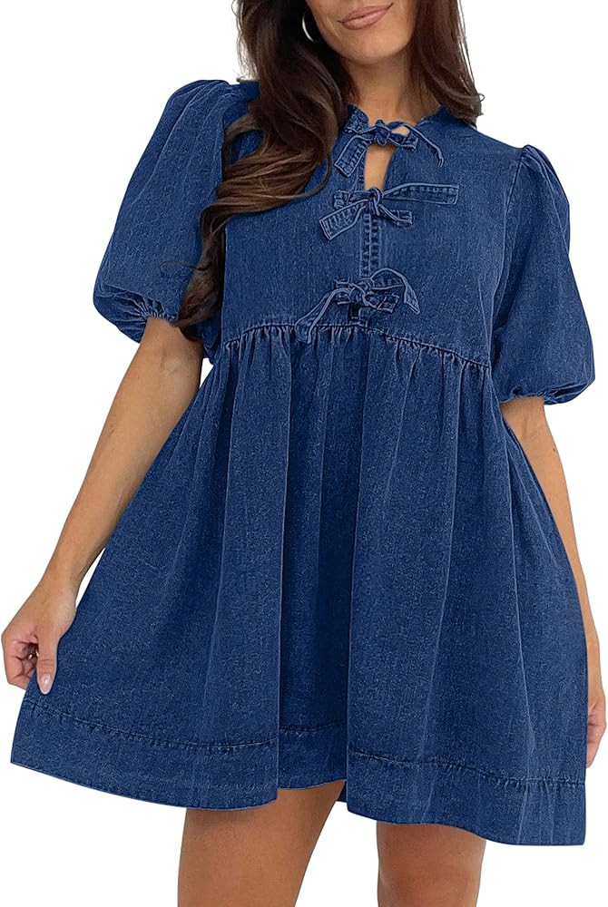 Qazel Vorrlon Denim Dress for Women Puff Short Sleeve Babydoll Jean Romper Pockets Summer Casual ... | Amazon (US)