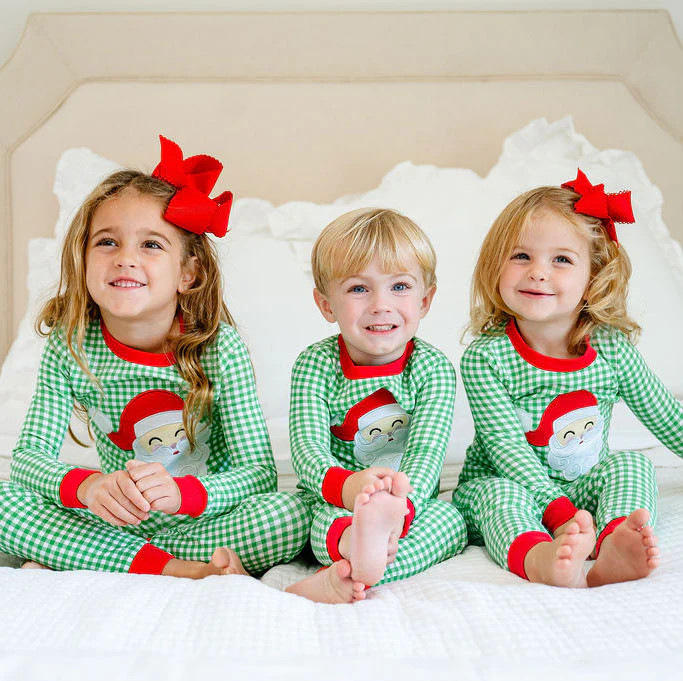 Happy Santa Green Gingham Pajamas | Classic Whimsy