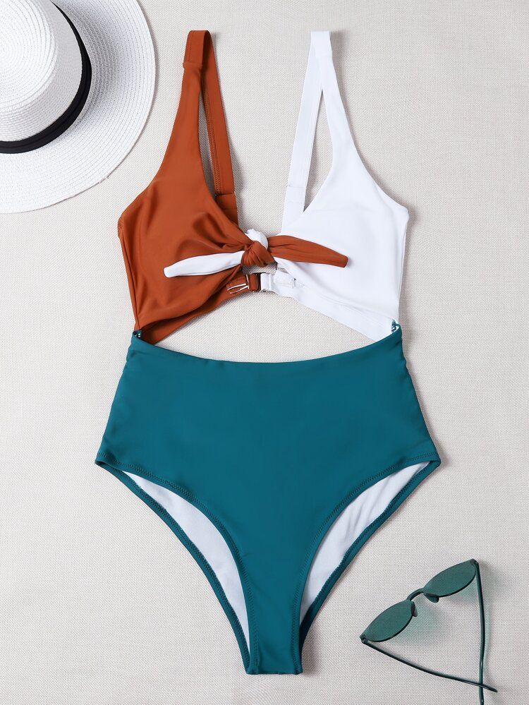 Color Block Cut-out Knot One Piece Swimsuit | SHEIN