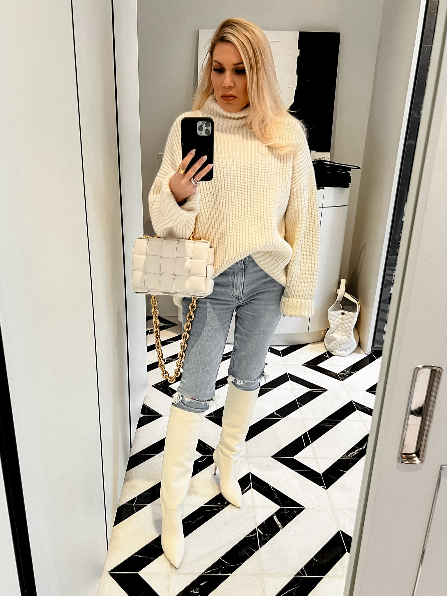 Elevated Casual Outfit
Oversized Funnel Neck Sydney Sweater in Cream - Wearing a M
Abercrombie Curve Love High Rise Skinny Jeans - Wearing a 25R\
Ivory Pointy Toe Heeled Knee High Leather Boots
Bottega Padded Cassette Bag in Chalk (Ivory White)

#LTKover40 #LTKshoecrush #LTKfindsunder100