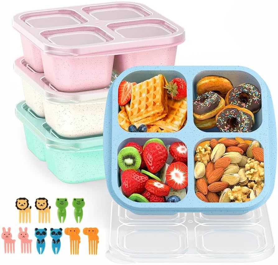 Bento Snack Boxes 4 Pack, Reusable Bento Boxes Kids with 4 Compartments & Fork, Lunch Snack Conta... | Amazon (US)