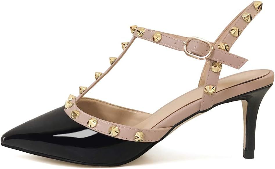 HECATER Studded Sandals for Women Kitten Heels Slingback Pumps Pointed Toe Sandals | Amazon (US)
