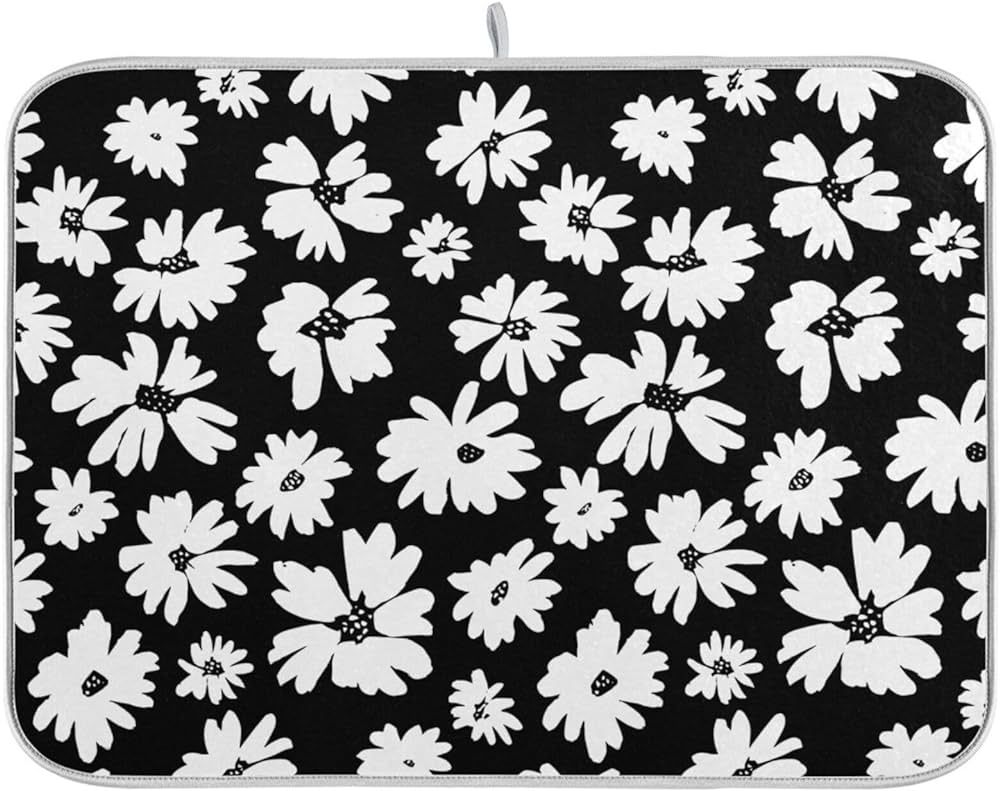 Floral Print Black White Dish Drying Mat 16x18 for Kitchen Counter , Dishes Pad Dish Drainer Rack... | Amazon (US)